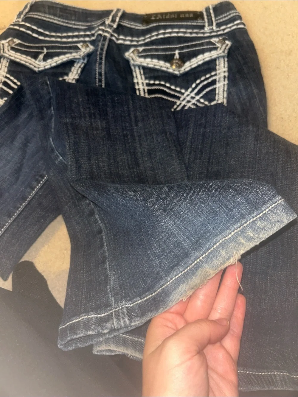 LA IDOL Jeans Dark Blue Flared Women's denim Vintage White Contrast Stitching - Picture 7 of 7